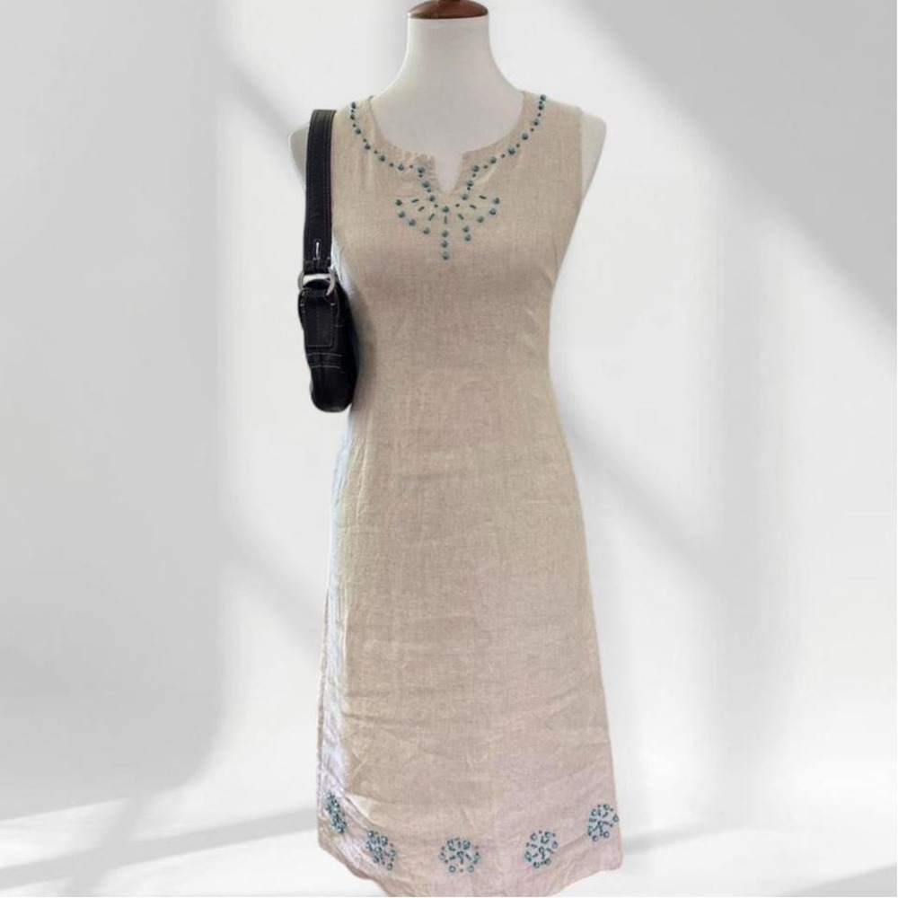 Dual View Beige Linen Beaded Sleeveless Midi Sheath Dress Turquoise Beading